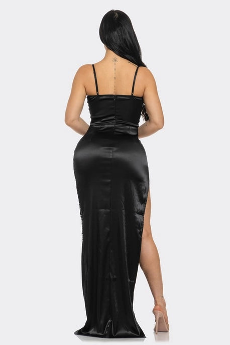 Robe Maxi en Satin avec Dentelle Florale et Strass