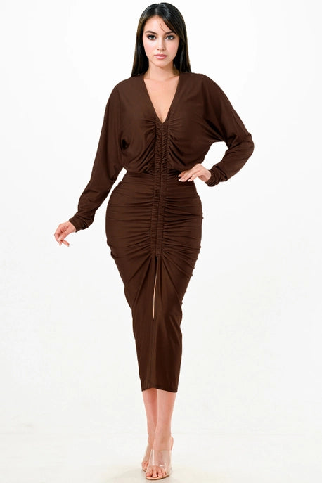 Robe Midi Plissée à Col V