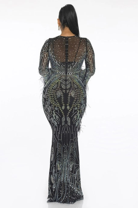 Robe Maxi à Manches Longues en Plumes et Résille Strass