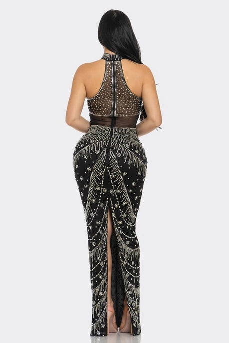 Robe Maxi à Col Ras du Cou avec Strass