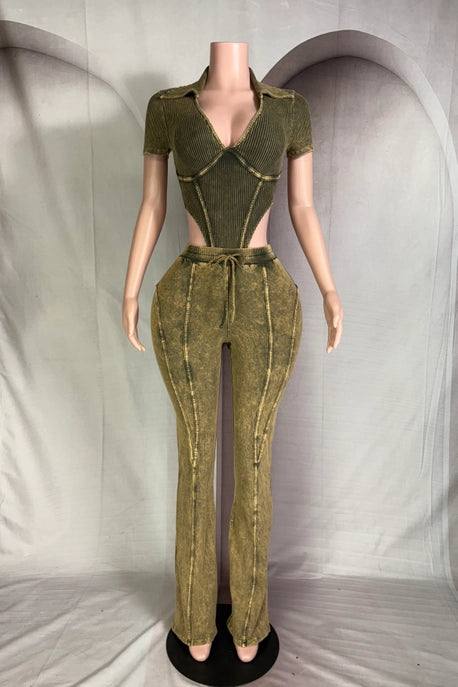 ENSEMBLE BODY ET PANTALON À COL EN V PROFOND LAVAGE MINÉRAL