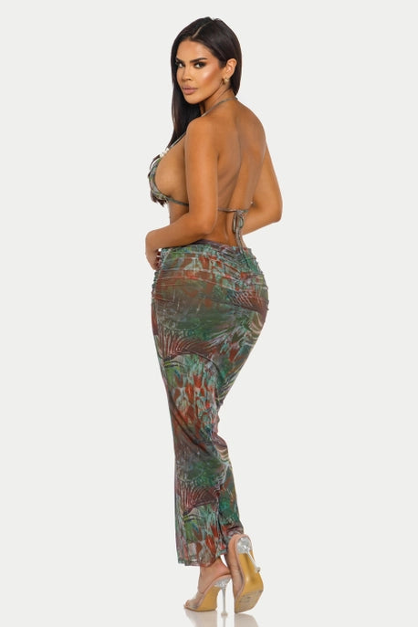 HCCTD13775&ENSEMBLE 2 PIÈCES : SOUTIEN-GORGE À COL HALTER & ROBE LONGUE PLISSÉE