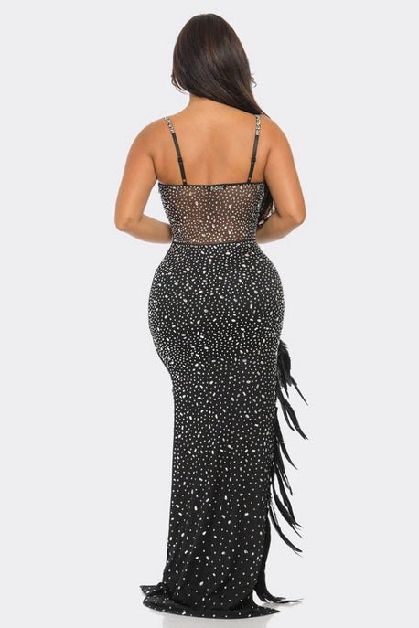 Robe Maxi à Ourlet Plumes et Strass