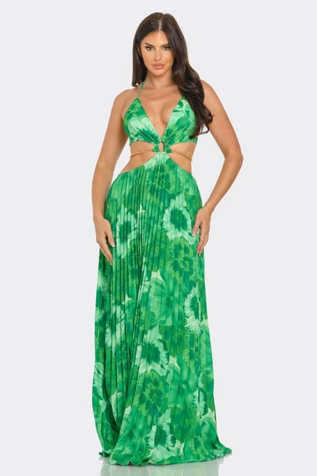 Robe maxi plissée imprimée à lacets et dos nu