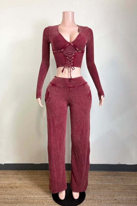 ENSEMBLE HAUT À LACETS DEVANT ET PANTALON DE DÉTENTE LAVÉ MINÉRAL