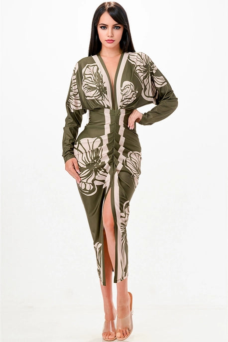 Robe midi plissée à col en V profond floral