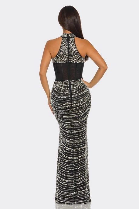 Robe Maxi Sans Manches à Col Roulé en Strass