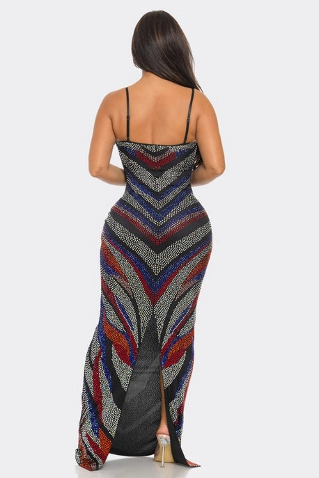 Robe Maxi à Chevrons Multicolores avec Strass