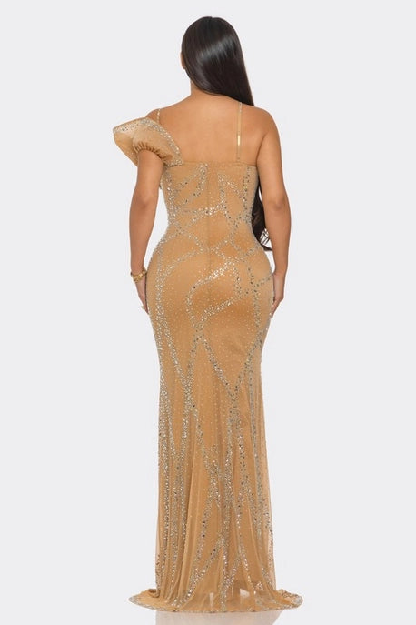 Robe Maxi Asymétrique à Une Épaule en Strass