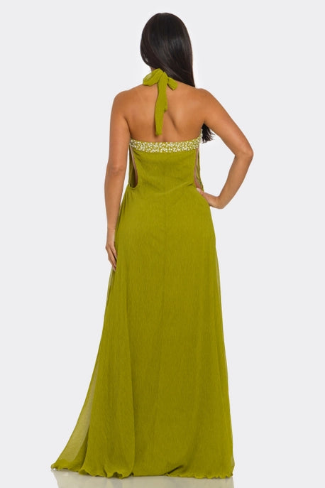 ROBE MAXI DÉCONTRACTÉE À COL EN V ET COL HALTER AVEC PERLES