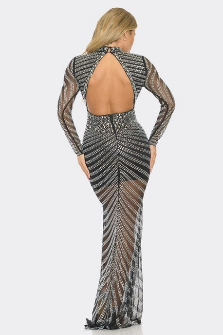 Robe Maxi à Col Montant en Strass