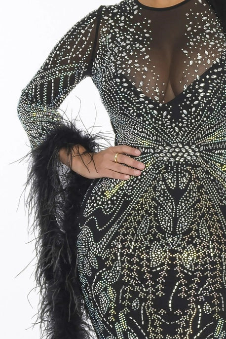 Robe Maxi à Manches Longues en Plumes et Résille Strass