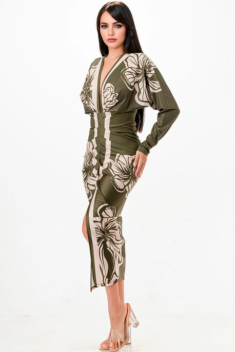Robe midi plissée à col en V profond floral