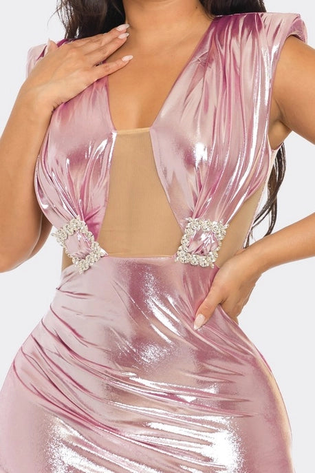 Robe Maxi Métallique Brillante avec Découpe Frontale - Solde