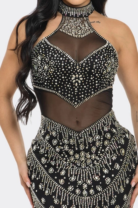 Robe Maxi à Col Ras du Cou avec Strass