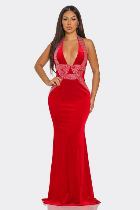 Robe Maxi en Forme de V Ornée de Strass