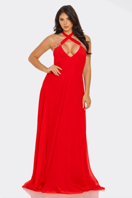 ROBE MAXI DÉCONTRACTÉE À COL EN V ET COL HALTER AVEC PERLES