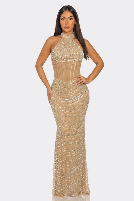Robe Maxi Sans Manches à Col Roulé en Strass
