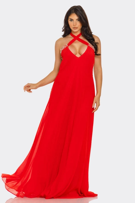 ROBE MAXI DÉCONTRACTÉE À COL EN V ET COL HALTER AVEC PERLES