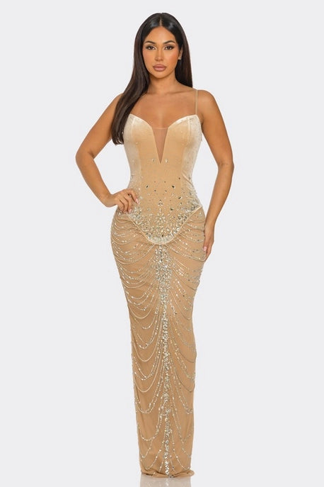 Robe Drapée avec Chaîne Ornée de Strass