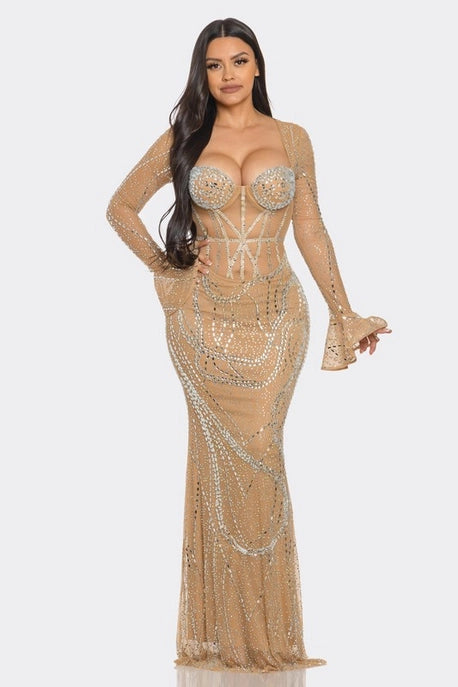 Robe Maxi Silhouette Ajustée avec Strass
