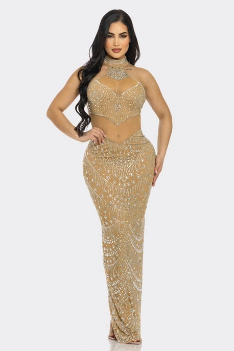 Robe Maxi à Col Ras du Cou avec Strass