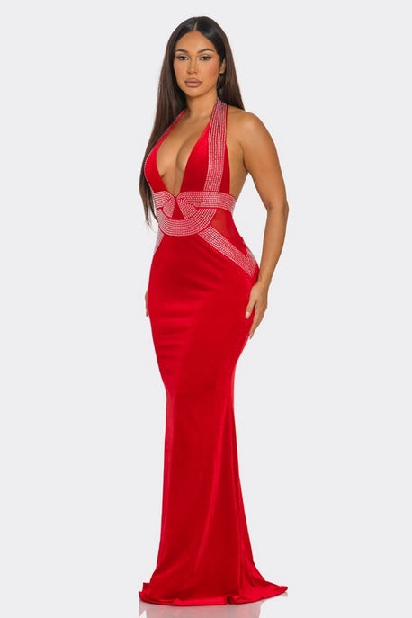 Robe Maxi en Forme de V Ornée de Strass