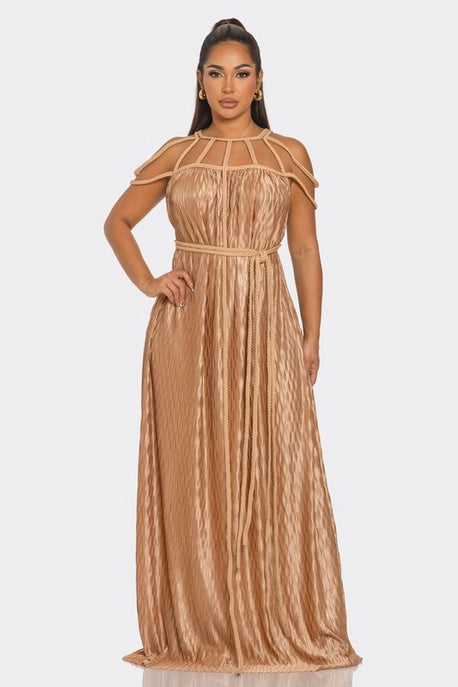 Robe Maxi à Motif de Corde Ondulée Plissée et Tressée