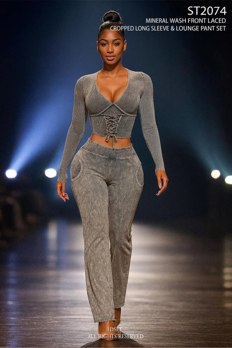 ENSEMBLE HAUT À LACETS DEVANT ET PANTALON DE DÉTENTE LAVÉ MINÉRAL
