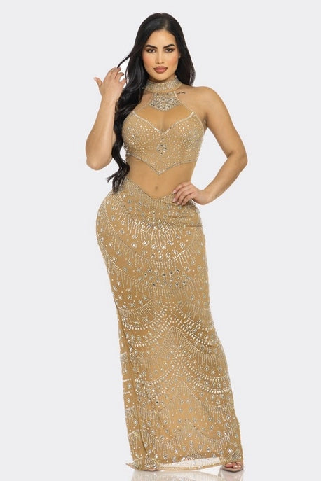 Robe Maxi à Col Ras du Cou avec Strass