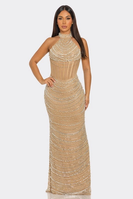 Robe Maxi Sans Manches à Col Roulé en Strass