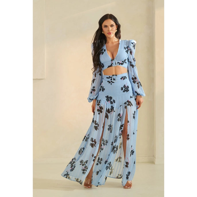 ENSEMBLE JUPE FENDUE À IMPRIMÉ FLORAL ET DÉCOLLETÉ PLONGEANT
