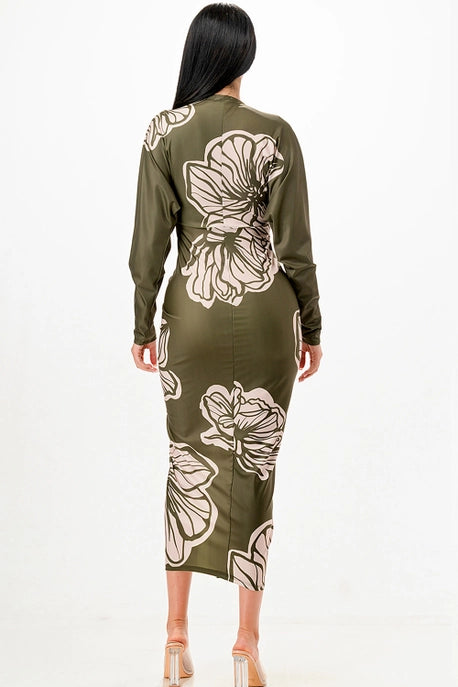 Robe midi plissée à col en V profond floral