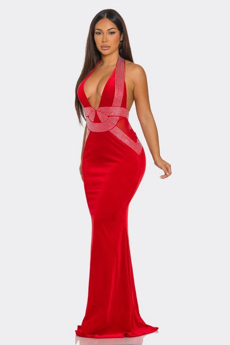 Robe Maxi en Forme de V Ornée de Strass
