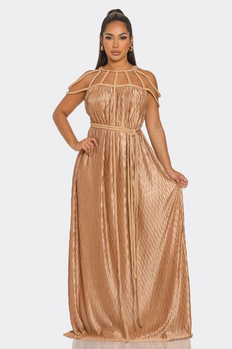 Robe Maxi à Motif de Corde Ondulée Plissée et Tressée