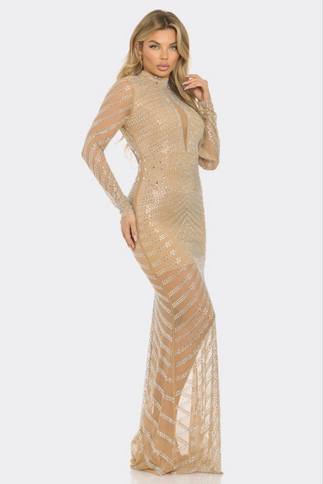 Robe Maxi à Col Montant en Strass