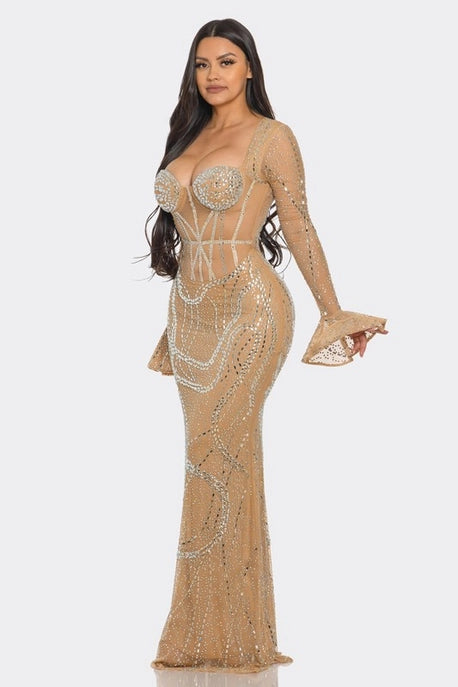 Robe Maxi Silhouette Ajustée avec Strass