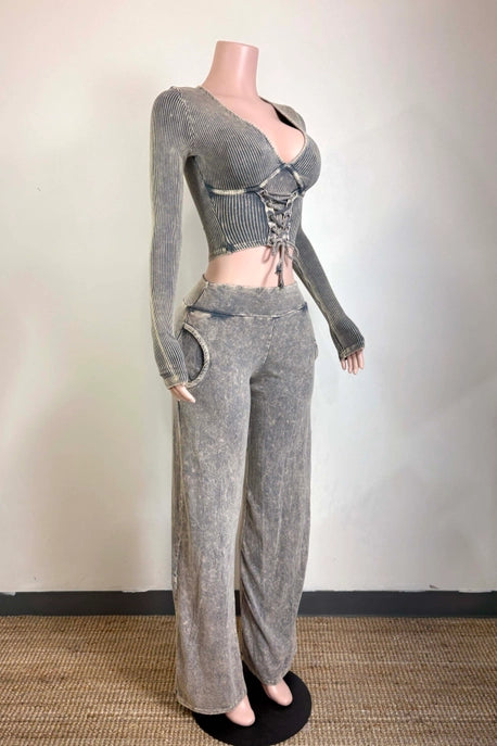 ENSEMBLE HAUT À LACETS DEVANT ET PANTALON DE DÉTENTE LAVÉ MINÉRAL