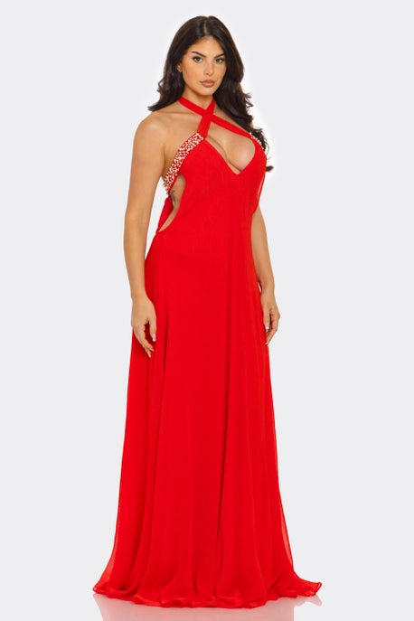 ROBE MAXI DÉCONTRACTÉE À COL EN V ET COL HALTER AVEC PERLES