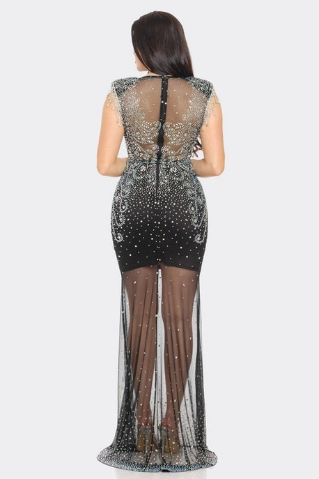 Robe Maxi en Maille Transparente avec Strass