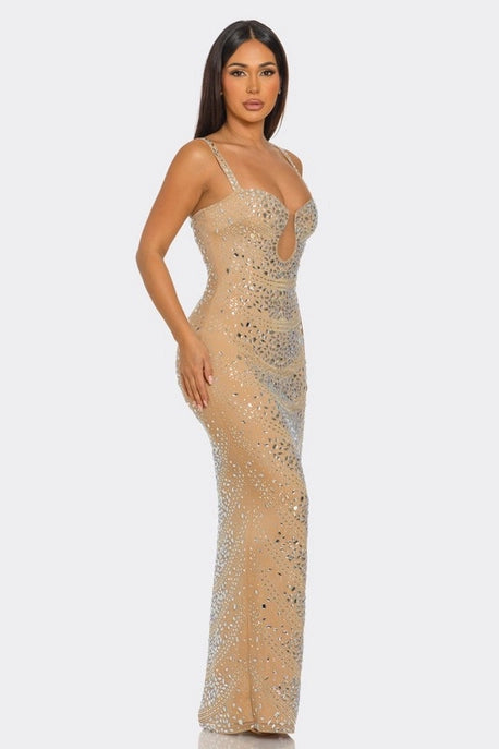 Robe maxi avec découpe poitrine et ornements en strass