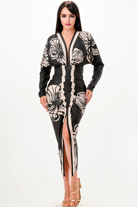 Robe midi plissée à col en V profond floral