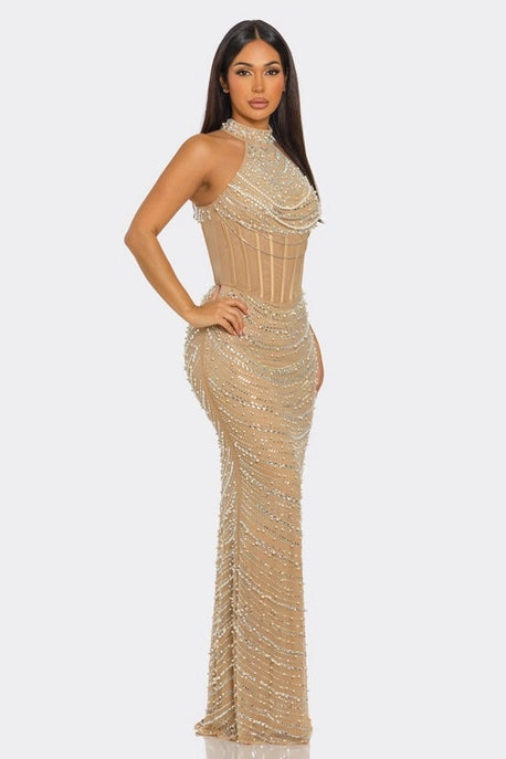 Robe Maxi Sans Manches à Col Roulé en Strass