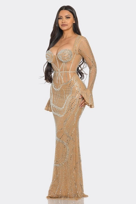Robe Maxi Silhouette Ajustée avec Strass