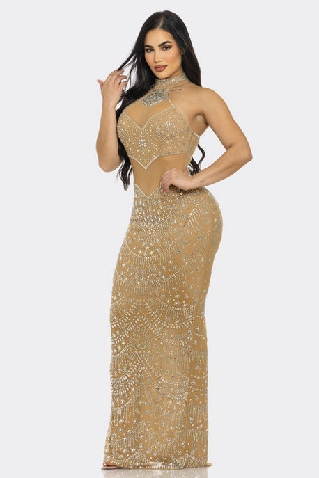 Robe Maxi à Col Ras du Cou avec Strass