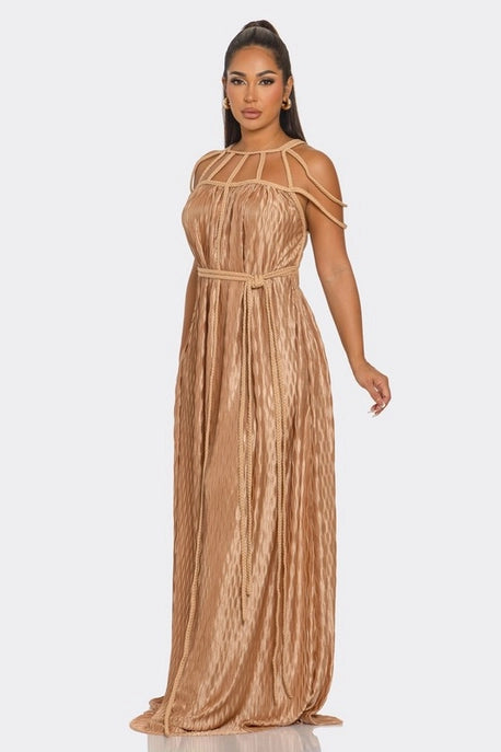 Robe Maxi à Motif de Corde Ondulée Plissée et Tressée