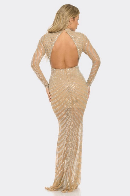 Robe Maxi à Col Montant en Strass