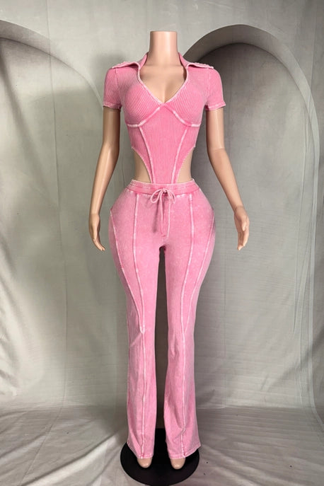ENSEMBLE BODY ET PANTALON À COL EN V PROFOND LAVAGE MINÉRAL