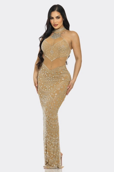 Robe Maxi à Col Ras du Cou avec Strass