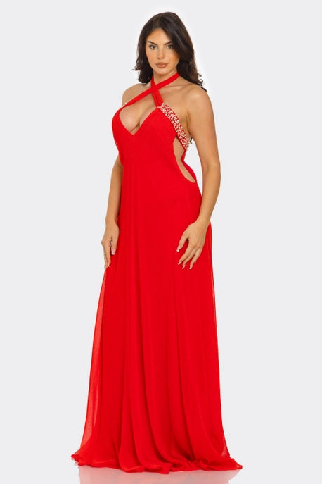 ROBE MAXI DÉCONTRACTÉE À COL EN V ET COL HALTER AVEC PERLES